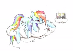 Size: 2034x1414 | Tagged: safe, artist:philo5, rainbow dash, pegasus, pony, alarm clock, clock, cloud, drowsy, female, frown, laying on cloud, lazy, mare, messy mane, multicolored mane, multicolored tail, one eye closed, solo, spread wings, traditional art