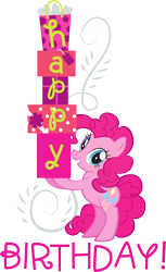 Size: 2036x3322 | Tagged: safe, pinkie pie, pony, bipedal, birthday, happy, happy birthday, hasbro, high res, hoof hold, official, present, simple background, solo, stock vector, transparent background