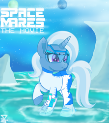 Size: 2000x2250 | Tagged: safe, artist:theretroart88, derpibooru import, part of a series, part of a set, trixie, pony, unicorn, arm cannon, clothes, fantasy, female, high res, ice, mare, movie accurate, planet, raised hoof, solo, space mares, stars, water