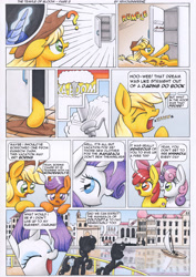 Size: 3490x4940 | Tagged: safe, artist:xeviousgreenii, apple bloom, applejack, princess luna, rarity, scootaloo, sweetie belle, alicorn, earth pony, pony, unicorn, comic:the temple of bloom, comic, cutie mark, cutie mark crusaders, indiana jones, indiana jones and the kingdom of the crystal skull, refrigerator, ship, the cmc's cutie marks, traditional art