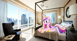 Size: 949x500 | Tagged: safe, artist:princess cadance, princess cadance, bed, bedroom, chair, city, cityscape, irl, manehattan, photo, ponies in real life, solo