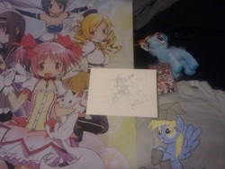 Size: 500x375 | Tagged: safe, derpy hooves, rainbow dash, incubator (species), pegasus, pony, female, kamen rider, kyubey, mare, photo, puella magi madoka magica