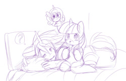 Size: 890x572 | Tagged: safe, artist:ende26, princess cadance, shining armor, twilight sparkle, anthro, ask high school cadance, bed, blushing, glasses, monochrome, open mouth, sketch