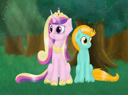 Size: 1371x1028 | Tagged: safe, artist:helen3, lightning dust, princess cadance, alicorn, pony, cute, cutedance, duo, dustabetes, forest, friendshipping, happy, park