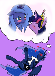 Size: 1700x2338 | Tagged: safe, artist:tasoganedude, dusk shine, princess luna, twilight sparkle, alicorn, pony, blushing, drool, female, floppy ears, half r63 shipping, heart, male, on back, pillow, pillow hug, rule 63, s1 luna, shipping, straight, the unexpected love life of dusk shine, twiluna, underhoof, wishful thinking