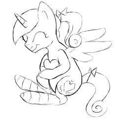 Size: 991x971 | Tagged: safe, artist:aaron amethyst, princess cadance, alicorn, pony, :t, clothes, cute, eyes closed, heart, hug, lineart, monochrome, pillow, sitting, smiling, socks, solo, spread wings, striped socks, teen princess cadance, teenager