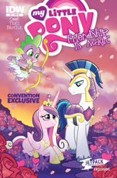 Size: 406x616 | Tagged: safe, artist:tonyfleecs, idw, princess cadance, shining armor, spike, alicorn, dragon, pony, unicorn, cover, cupid, idw advertisement