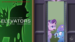 Size: 1920x1080 | Tagged: safe, artist:fuzon-s, derpibooru import, queen chrysalis, starlight glimmer, trixie, changeling, changeling queen, pony, unicorn, collaboration, elevator, female, movie poster, scared, shadow