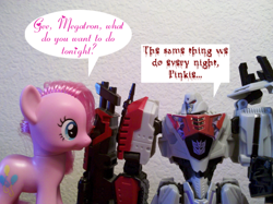 Size: 648x484 | Tagged: safe, artist:geysereelborn, pinkie pie, brushable, fusion cannon, irl, megatron, photo, toy, transformers