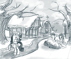 Size: 2200x1852 | Tagged: safe, artist:derkrazykraut, pinkie pie, rainbow dash, rarity, earth pony, pegasus, pony, unicorn, angry, clothes, laughing, monochrome, snow