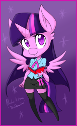 Size: 1261x2060 | Tagged: safe, artist:demonfox, twilight sparkle, twilight sparkle (alicorn), alicorn, anthro, book, chibi, clothes, cute, equestria girls outfit, miniskirt, signature, skirt, socks, solo, thigh highs, zettai ryouiki