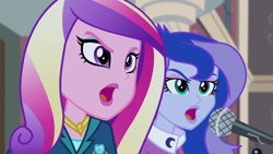 Size: 1280x720 | Tagged: safe, screencap, dean cadance, princess cadance, princess luna, vice principal luna, equestria girls, friendship games, microphone, unleash the magic