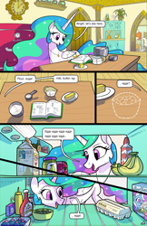 Size: 1989x3072 | Tagged: safe, artist:docwario, derpibooru import, bon bon, daisy jo, discord, princess celestia, sweetie drops, trixie, oc, oc:flaky pastry, oc:pia ikea, alicorn, pony, comic:royal chores, banana, beans, book, butter, cake, cakelestia, cereal, cherry, clock, comic, cupcake, cute, cutelestia, diabetes, egg, flour, food, jam, jewelry, ketchup, milk, mustard, necklace, offscreen character, olive, pear butter (food), pear jam, recipe, refrigerator, sauce, sugar (food), whipped cream