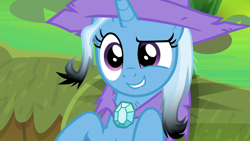 Size: 1920x1080 | Tagged: safe, derpibooru import, screencap, trixie, pony, unicorn, a horse shoe-in, cute, diatrixes, female, leak, lip bite, mare, on back, solo