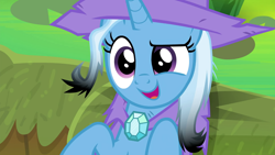 Size: 1920x1080 | Tagged: safe, derpibooru import, screencap, trixie, pony, unicorn, a horse shoe-in, burnt mane, cape, clothes, cute, diatrixes, female, hat, leak, mare, on back, open mouth, solo, trixie's cape, trixie's hat