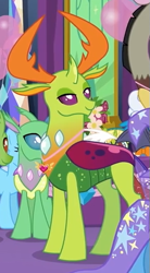 Size: 283x512 | Tagged: safe, derpibooru import, screencap, discord, linky, shoeshine, thorax, trixie, changedling, changeling, pony, celestial advice, cropped, equestrian pink heart of courage, king thorax, male, twilight's castle