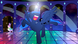 Size: 5511x3100 | Tagged: safe, artist:starblaze25, princess cadance, princess celestia, princess luna, twilight sparkle, twilight sparkle (alicorn), alicorn, pony, alicorn tetrarchy, awkward, celestia is not amused, club can't handle me, dance floor, dancing, do the sparkle, female, frown, glowing horn, magic, mare, missing accessory, pointy ponies, reflection, smiling, spread wings, twilight is not amused, unamused, watching