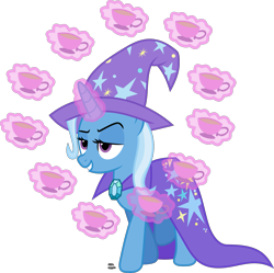 Size: 2259x2248 | Tagged: safe, artist:anime-equestria, derpibooru import, trixie, pony, unicorn, cape, clothes, cup, female, food, glowing horn, hat, horn, magic, mare, simple background, smiling, smirk, solo, tea, teacup, telekinesis, that pony sure does love teacups, transparent background, trixie's cape, trixie's hat