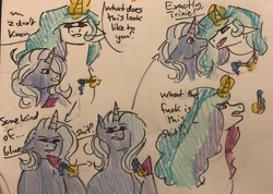 Size: 640x455 | Tagged: safe, artist:lieutenantcactus, derpibooru import, princess celestia, trixie, alicorn, pony, female, lesbian, shipping, traditional art, trixlestia, vulgar