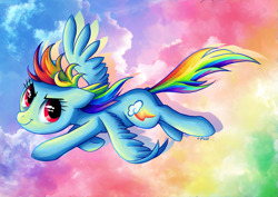 Size: 931x658 | Tagged: safe, artist:c-puff, rainbow dash, pegasus, pony, colorful, flying, sky, solo
