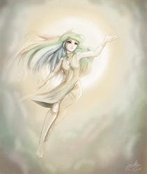 Size: 2000x2369 | Tagged: safe, artist:the-park, princess celestia, human, armpits, clothes, cloud, dress, floating, humanized, missing accessory, reaching out, side slit, socks, solo, stockings, sun, thigh highs