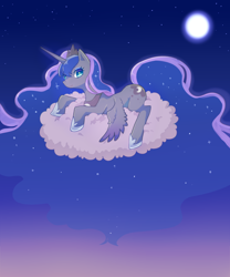 Size: 1200x1440 | Tagged: safe, artist:kkmrarar, princess luna, alicorn, pony, cloud, moon, prone, solo, spread wings