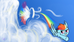 Size: 1920x1080 | Tagged: safe, artist:twilightsquare, rainbow dash, pegasus, pony, cloud, female, filly, filly rainbow dash, flying, open mouth, sky, smiling, solo, sonic rainboom, spread wings, wings, younger