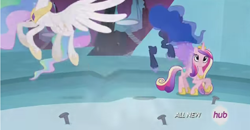 Size: 1016x528 | Tagged: safe, screencap, princess cadance, princess celestia, princess luna, alicorn, pony, twilight's kingdom, alicorn triarchy, animation error, female, hub logo, lowres, mare, tartarus, trio