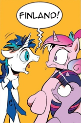 Size: 365x549 | Tagged: safe, princess cadance, shining armor, twilight sparkle, alicorn, pony, unicorn, spoiler:comic, dialogue, exploitable meme, female, filly, finland, floppy ears, frankendoodle, looking at each other, meme, necktie, open mouth, orange background, raised hoof, reference, screaming armor, shrunken pupils, simple background, spongebob squarepants, younger