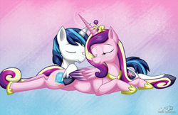 Size: 1275x825 | Tagged: safe, artist:rainbow-smashed, princess cadance, shining armor, alicorn, pony, unicorn, eyes closed, horns are touching, prone