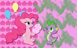 Size: 2560x1600 | Tagged: safe, artist:alicehumansacrifice0, pinkie pie, spike, dragon, earth pony, pony, cotton candy, duo, eating, female, hoof hold, male, wallpaper, wavy mouth