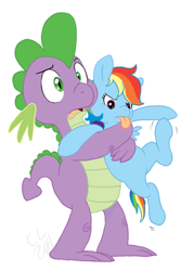 Size: 484x723 | Tagged: safe, artist:cartoonlion, rainbow dash, spike, dragon, pegasus, pony, confused, female, filly, holding a pony, male, mare, simple background, tongue out, white background