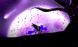 Size: 1600x959 | Tagged: safe, artist:minelvi, princess luna, alicorn, pony, magic, meteorite, moon, night, petal, solo, spread wings, wallpaper