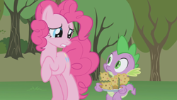 Size: 1280x720 | Tagged: safe, screencap, pinkie pie, spike, dragon, earth pony, pony, baked bads, food, muffin, pinkie pie is not amused, unamused