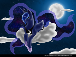 Size: 3414x2550 | Tagged: safe, artist:frozen-fortune, princess luna, alicorn, pony, cloud, moon, night, prone, solo