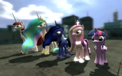 Size: 1680x1050 | Tagged: safe, artist:sonic5421, princess cadance, princess celestia, princess luna, twilight sparkle, twilight sparkle (alicorn), oc, oc:fausticorn, alicorn, pony, 3d, female, gmod, lauren faust, mare, royal family