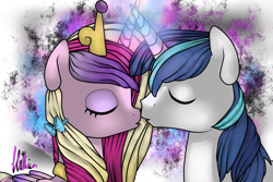 Size: 1024x683 | Tagged: safe, artist:sofilut, princess cadance, shining armor, alicorn, pony, unicorn, eyes closed, hearts and hooves day, horns are touching, imminent kissing, magic, nuzzling