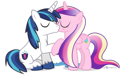 Size: 975x600 | Tagged: safe, artist:dm29, princess cadance, shining armor, alicorn, pony, unicorn, alternate hairstyle, blushing, duo, eyes closed, female, holding hooves, kissing, loose hair, male, shiningcadance, shipping, simple background, sitting, straight, transparent background, vector, younger