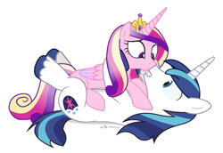 Size: 781x538 | Tagged: safe, artist:dm29, princess cadance, shining armor, alicorn, pony, unicorn, duo, on back, simple background, vector, white background