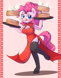 Size: 1000x1280 | Tagged: safe, artist:tikrs007, pinkie pie, anthro, unguligrade anthro, boob window, breasts, cheongsam, chinese new year, clothes, cute, diapinkes, dumplings, female, food, pinkie pies, side slit, socks, solo, stockings, thigh highs, tongue out, tray