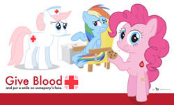 Size: 3480x2100 | Tagged: safe, artist:dm29, nurse redheart, pinkie pie, rainbow dash, earth pony, pegasus, pony, blood donation, blood drive, cookie, donation, female, high res, needle, poster, trio, trypanophobia