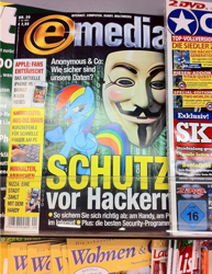 Size: 496x643 | Tagged: safe, rainbow dash, pegasus, pony, anonymous, cover, e media, german, guy fawkes mask, magazine