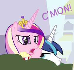 Size: 500x469 | Tagged: source needed, useless source url, safe, artist:dm29, princess cadance, shining armor, alicorn, pony, unicorn, cropped, duo, frown, glare, oh come on, open mouth, popcorn, princess of love, reaction image, shining armor is not amused, unamused