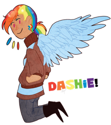 Size: 900x1013 | Tagged: safe, artist:nyan-cow, rainbow dash, clothes, female, humanized, multicolored hair, winged humanization