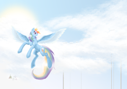 Size: 4728x3337 | Tagged: safe, artist:sagebrushpony, rainbow dash, pegasus, pony, blue coat, cloudsdale, female, flying, mare, multicolored mane, solo