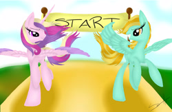 Size: 5000x3264 | Tagged: safe, artist:justart101, lightning dust, princess cadance, alicorn, pony, race, running, smiling, spread wings