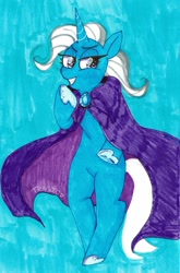 Size: 727x1099 | Tagged: safe, artist:tragic-seti, derpibooru import, trixie, semi-anthro, unicorn, female, lidded eyes, smiling, smirk, solo, traditional art