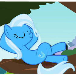 Size: 1414x1414 | Tagged: safe, artist:petmon, derpibooru import, trixie, earth pony, pony, hornless unicorn, pillow, race swap, solo, tree, tree branch