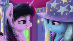 Size: 2500x1406 | Tagged: safe, artist:thatdreamerarts, derpibooru import, trixie, twilight sparkle, twilight sparkle (alicorn), alicorn, pony, unicorn, no second prances, duo, duo female, eye contact, female, grin, lidded eyes, looking at each other, mare, scene interpretation, smiling, uncanny valley