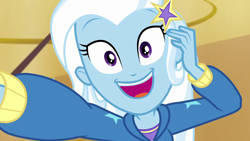 Size: 1280x720 | Tagged: safe, derpibooru import, screencap, trixie, better together, do it for the ponygram!, equestria girls, canterlot high, clothes, cute, diatrixes, female, gym, hoodie, looking at you, open mouth, recording, selfie, smiling, solo, suddenly trixie